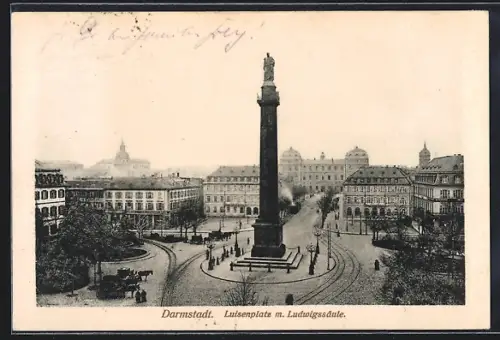 AK Darmstadt, Luisenplatz mit Ludwigssäule