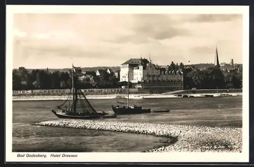 AK Bad Godesberg, Blick zum Hotel Dreesen, Rheinpartie