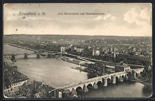 AK Frankfurt a. M., Alte Mainbrücke und Sachsenhausen aus der Vogelschau