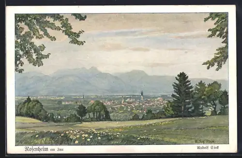 Künstler-AK Rosenheim / Bayern, Stadtpanorama von einer Blumenwiese aus gesehen