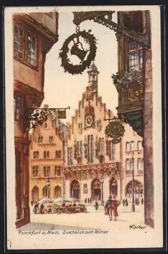 Künstler-AK Alt-Frankfurt, Durchblick zum Römer