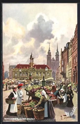 Künstler-AK Magdeburg, Alter Markt, Markttreiben
