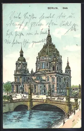 Lithographie Berlin, Dom, Brücke, Spree