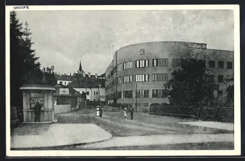 AK Uzhorod, Nova posta, Blick auf die neue Post und Kirchturm
