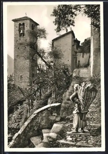 AK Gandria /Lago di Lugnao, Glockenturm mit Frau auf Treppe