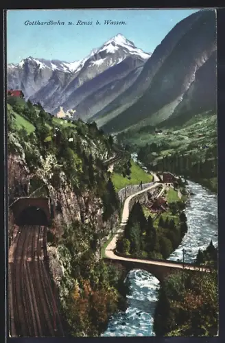 AK Wassen, Reuss mit Gotthardbahn