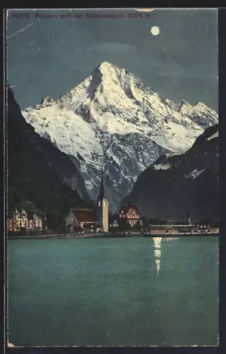 AK Flüelen, Uferpartie mit Bristenstock bei Mondschein