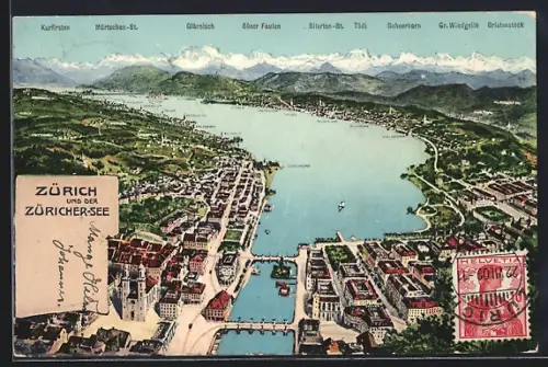 AK Zürich, Panorama un der Züricher-See mit Zürichhorn, Bergpanorama mit Glärnisch, Tödi und Kurfirsten