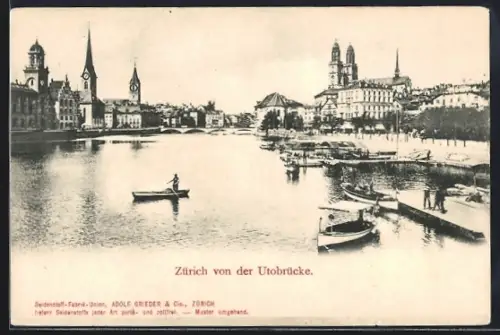 AK Zürich, Uferpartie von der Utobrücke aus
