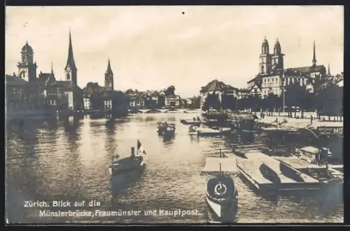 AK Zürich, Blick auf die Münsterbrücke, Fraumünster und Hauptpost