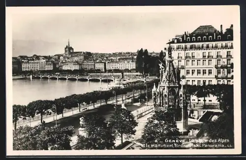 AK Genève, La place des Alpes et le monument Brunswick, Panorama