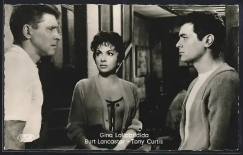 AK Schauspieler Tony Curtis, Gina Lollobrigida & Burt Lancaster im Film Trapez
