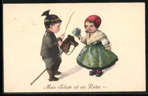 AK Mein Schatz ist ein Reiter, Kleiner Soldat mit Steckenpferd und Mädchen