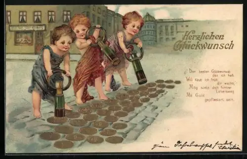 AK Drei Kinder beim Strassenbau, Glückwunsch