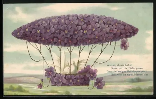 AK Blumenbild eines Zeppelins mit nistendem Taubenpaar in der Gondel