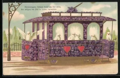 Präge-AK Weisse Tauben in der Strassenbahn aus Veilchen