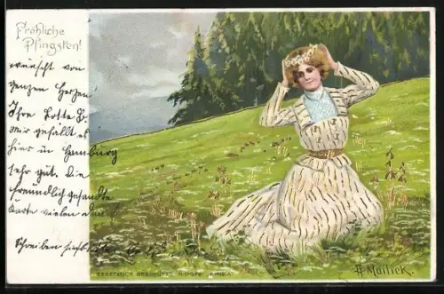 Künstler-AK Alfred Mailick: hübsche junge Dame sitzt auf der Blumenwiese