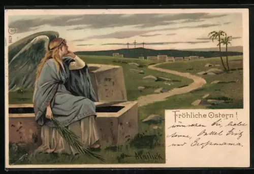 Künstler-AK Alfred Mailick: Engel in Denkerpose auf dem Friedhof