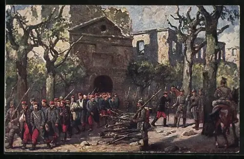 Künstler-AK W. Bürger: Longwy, Gefangennahme der Besatzung durch die Armee des Kronprinzen Wilhelm, 1914
