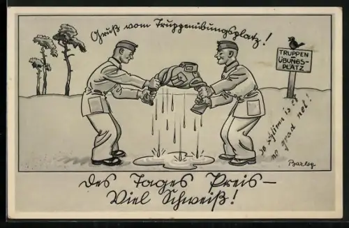 Künstler-AK Ferdinand Barlog: Gruss vom Truppenübungsplatz, Wehrmacht-Humor