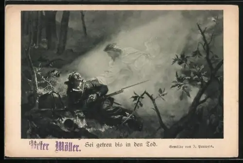 Künstler-AK Sei getreu bis in den Tod, Christus und sterbender Soldat