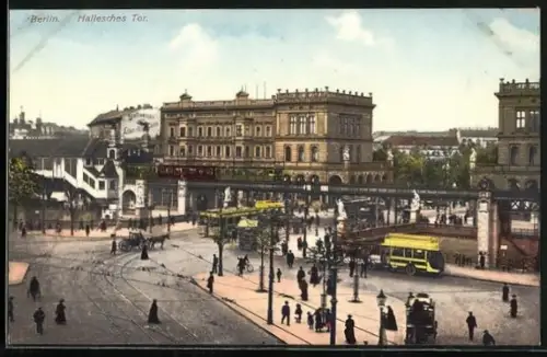 AK Berlin-Kreuzberg, U-Bahnhof Hallesches Tor mit Hauswandwerbung für Stollwerks Adler Cacao und Strassenbahn