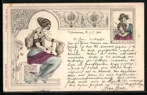 AK Jugendstil, Frau bemalt Vase