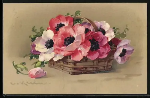 Künstler-AK Catharina Klein: Korb voller Blumen