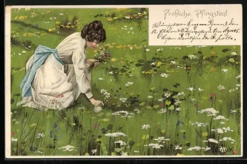 Künstler-AK Alfred Mailick: Frau pflückt Blumen