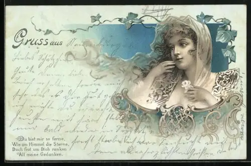 Lithographie Du bist mir so ferne wie am Himmel die Sterne, Mädchen m. Rose, Jugendstil