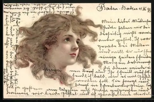 Lithographie Mädchen mit wehenden Haaren