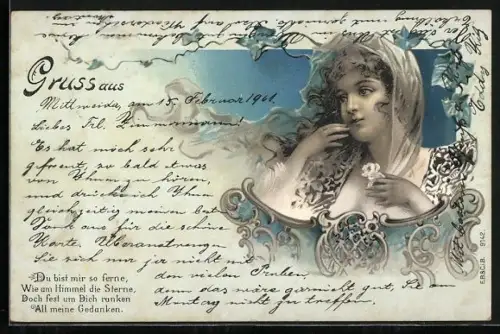 Lithographie Du bist mir so ferne wie am Himmel die Sterne, Mädchen m. Rose, Jugendstil