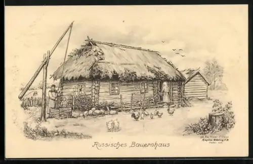 Künstler-AK Russisches Strohgedecktes Bauernhaus