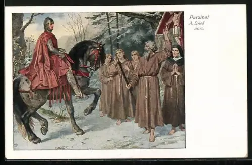 Künstler-AK Parsival zu Pferd am Flurkreuz mit Mönchen