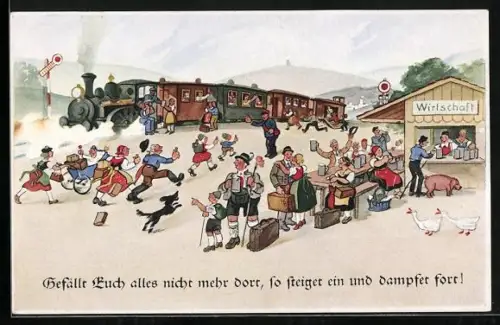 Künstler-AK Hans Boettcher: Leute in Trachten, Eisenbahn