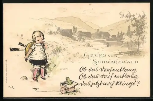 Künstler-AK Fritz Reiss: Mädchen mit einem Spielzeug-Wagen mit Frosch