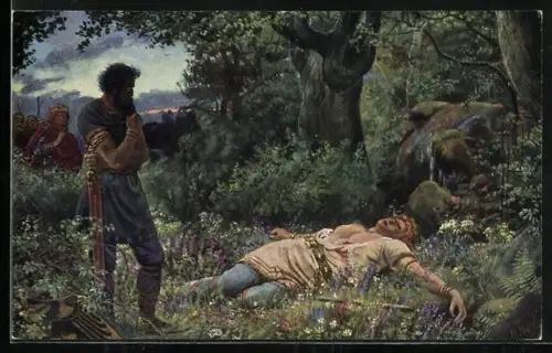 Künstler-AK Heinrich Hoffmann: Als Hagen von Tronje Siegfried mit dem Speer durchstochen hatte..., Nibelungen