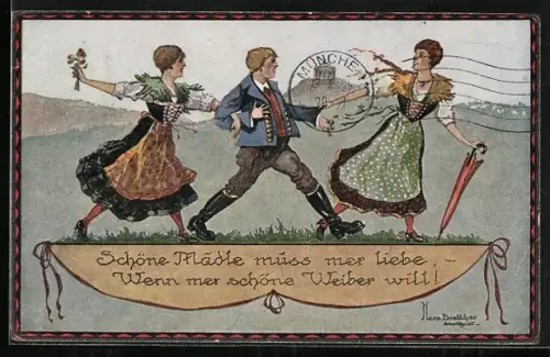 Künstler-AK Hans Boettcher: Mann wird von zwei Damen in Tracht gezogen