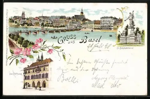 Lithographie Basel, Teilansicht, Rathaus, St. Jakobsdenkmal