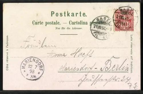 Lithographie Basel, Teilansicht, Rathaus, St. Jakobsdenkmal