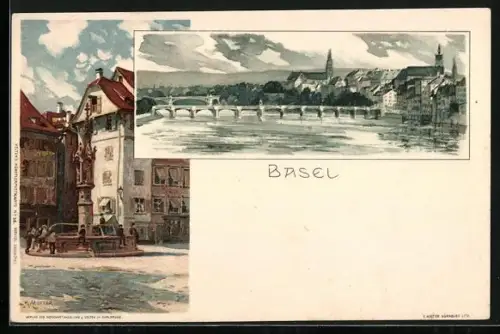 Künstler-AK Karl Mutter: Basel, Ortsansicht, Brunnen