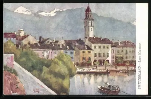 AK Ascona, Blick zum Ort, Ruderboot