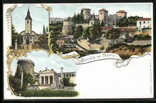 Lithographie Rijeka, Festung Trsat, Kirche