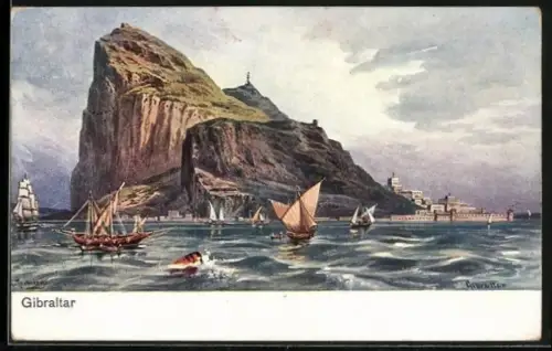 Künstler-AK Friedrich Perlberg: Gibraltar, Berg und Segelboote