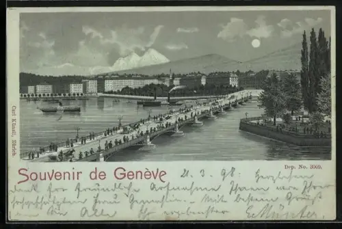 Mondschein-Lithographie Genève, Uferpartie mit Brücke
