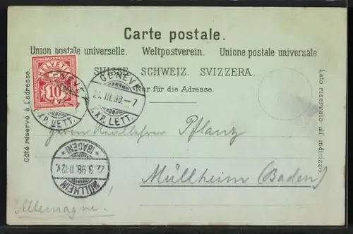 Mondschein-Lithographie Genève, Uferpartie mit Brücke