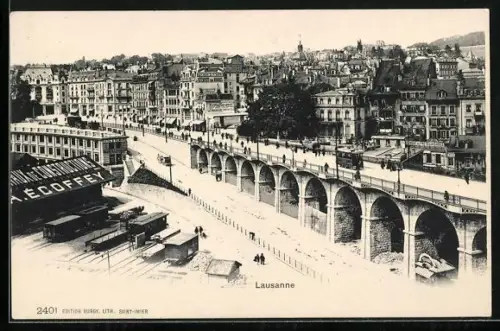 AK Lausanne, Strassenpartie mit Brücke, Strassenbahn