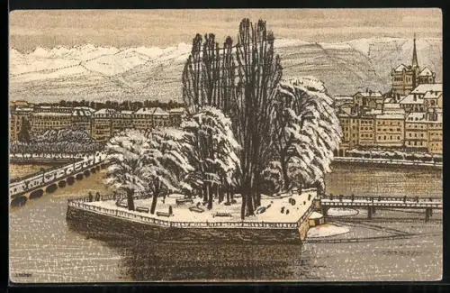 Künstler-AK Geneve, Ile De Rousseau, Ortsansicht im Winter