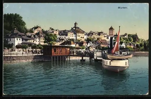 AK Murten, Hafen mit Ausflugsdampfer und Gästen