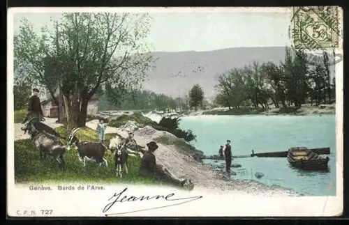 AK Genf, Ziegen grasen an einem Fluss